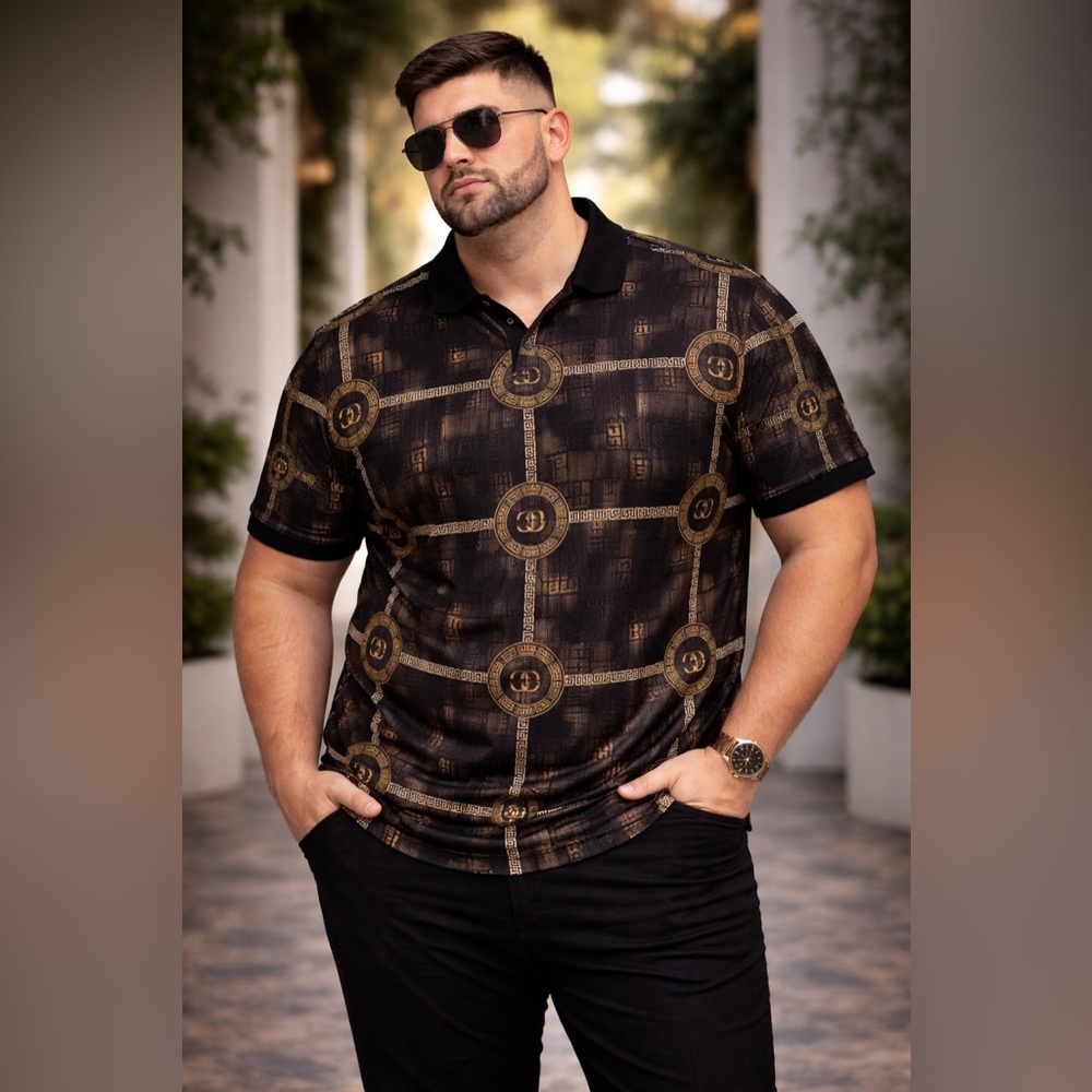 Albertini 3XL Black Gold Baroque Chain Medallion Polo Shirt Designer Stretch NWT